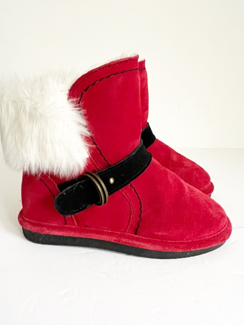 SZ 1 Youth Bearpaw Red Faux Fur Cuff Winter Boots Black Strap Christmas Xmas
